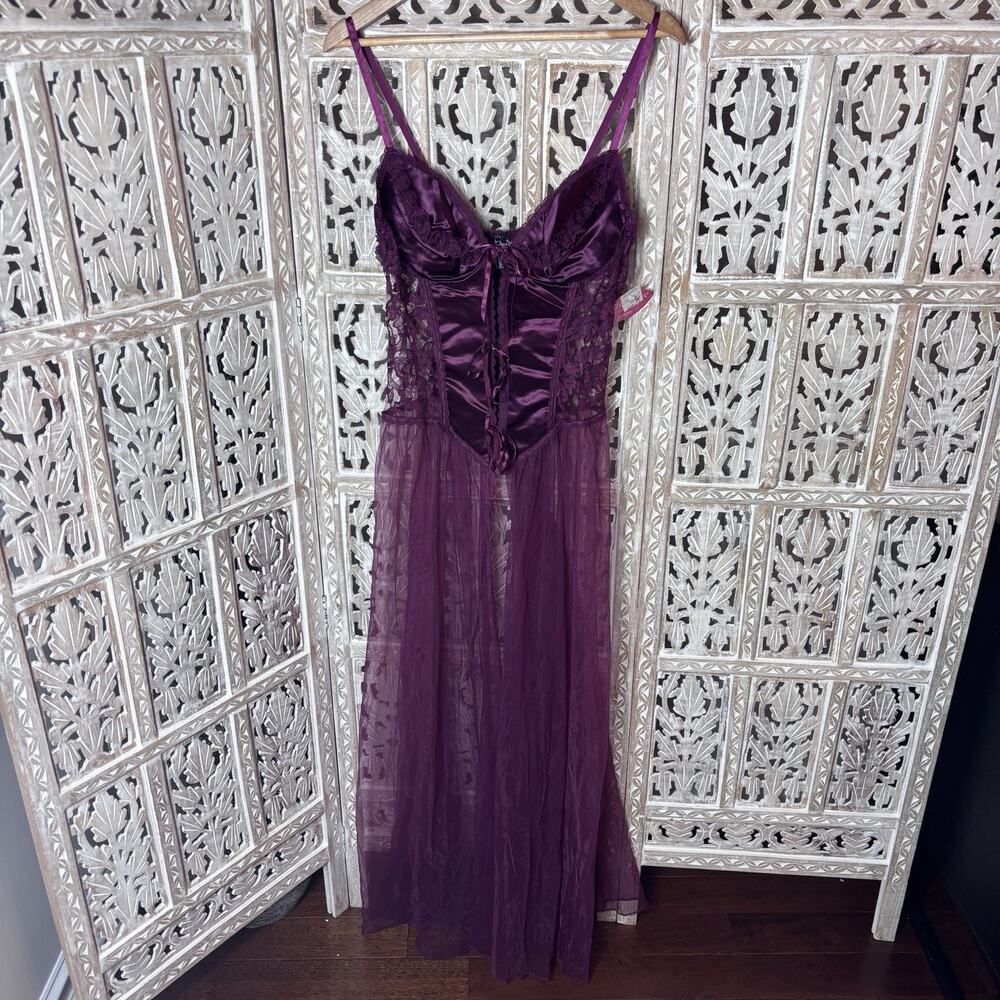 Vtg Frederick’s of Hollywood Plum Lace Sheer Gown Flyaway Front Slit Maxi SZ 2X